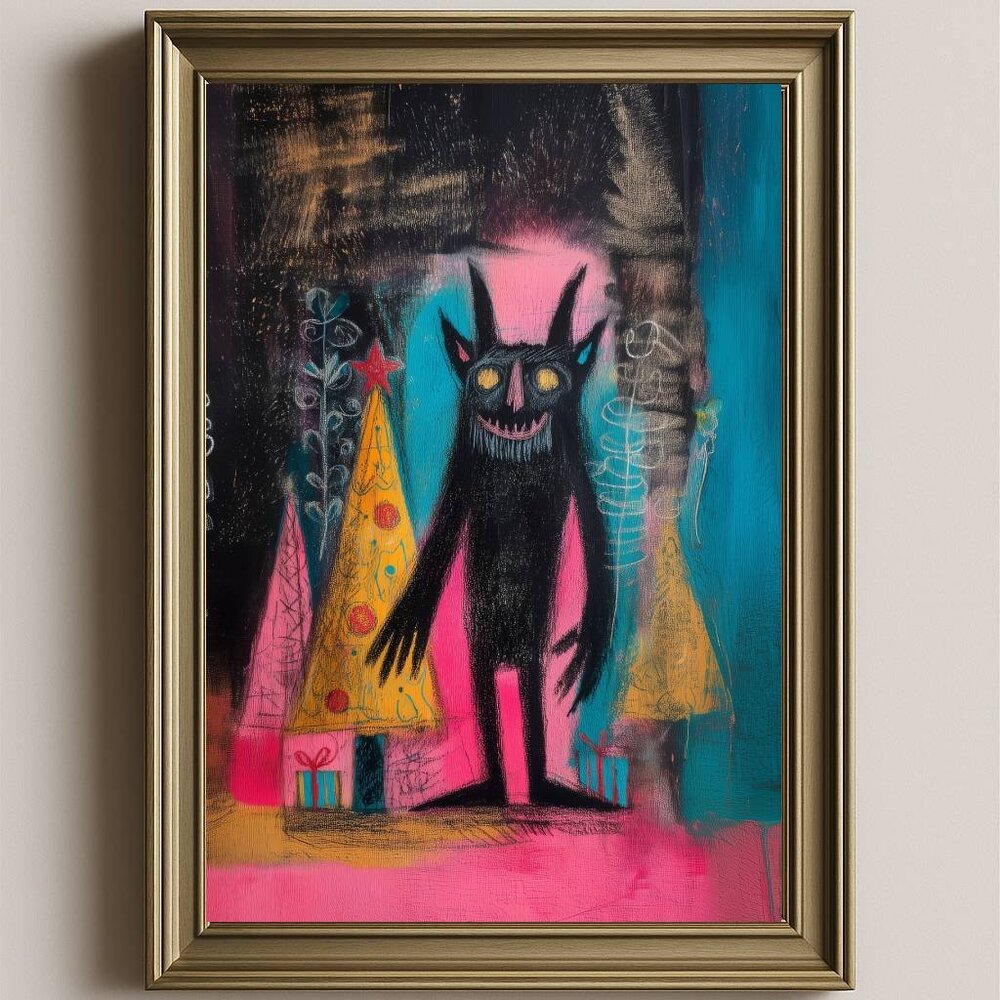 8.5x11 Crayon Style Creepy Neon Krampus Christmas Art Print